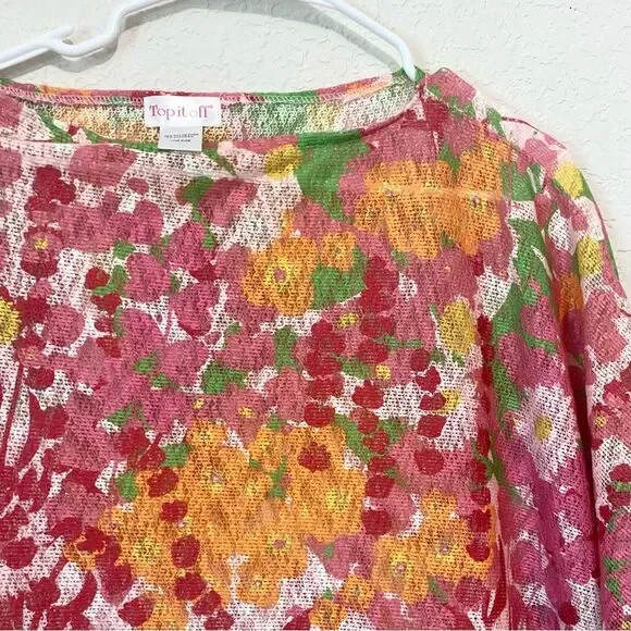 Top it Off Printed Emily Poncho Wrap Sweater Floral Pink Orange One Size - Picture 3 of 7